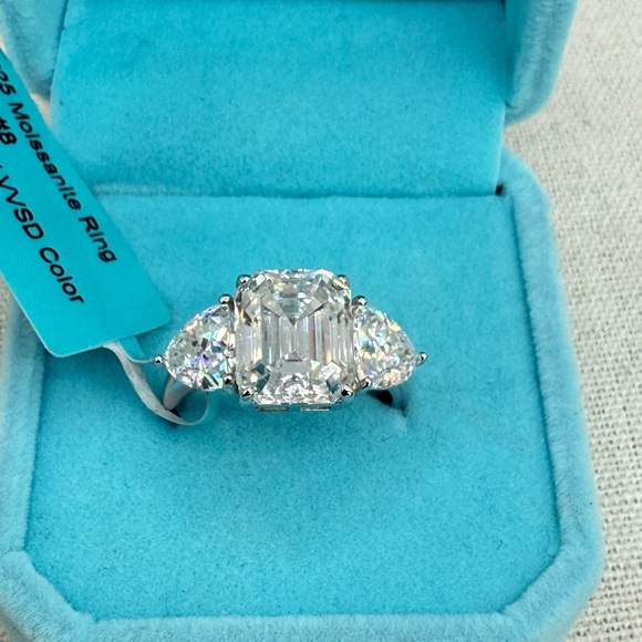 7.40 CTW Moissanite Three Stone Asscher Cut Ring 925 Silver Size 8 NWT - Picture 16 of 17